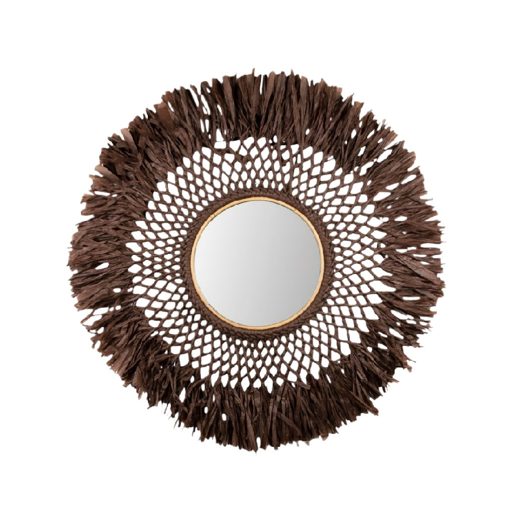 Boho Decorative Round Wall Mirror with Natural Fiber Frame