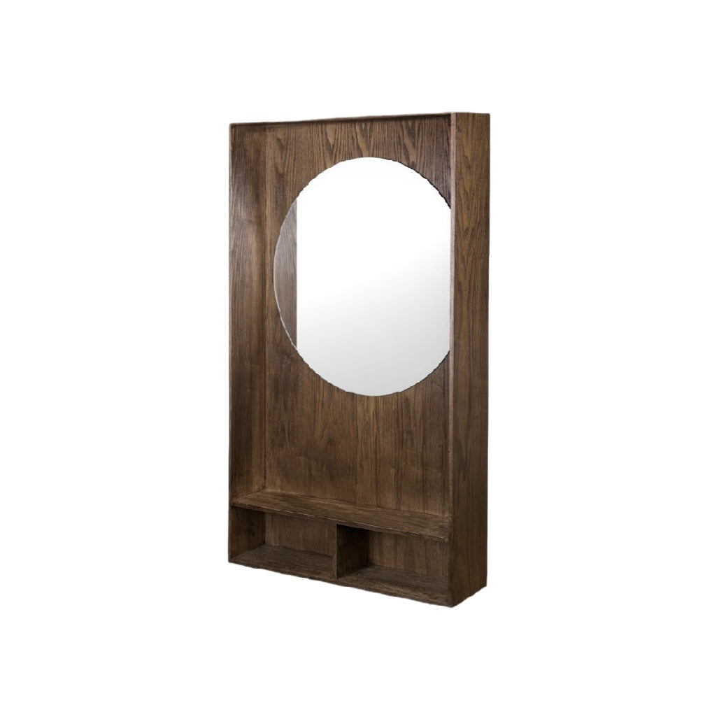 Modern Wooden Wall Mirror with Circular Design and Storage Shelves**